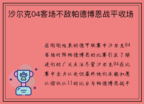 沙尔克04客场不敌帕德博恩战平收场